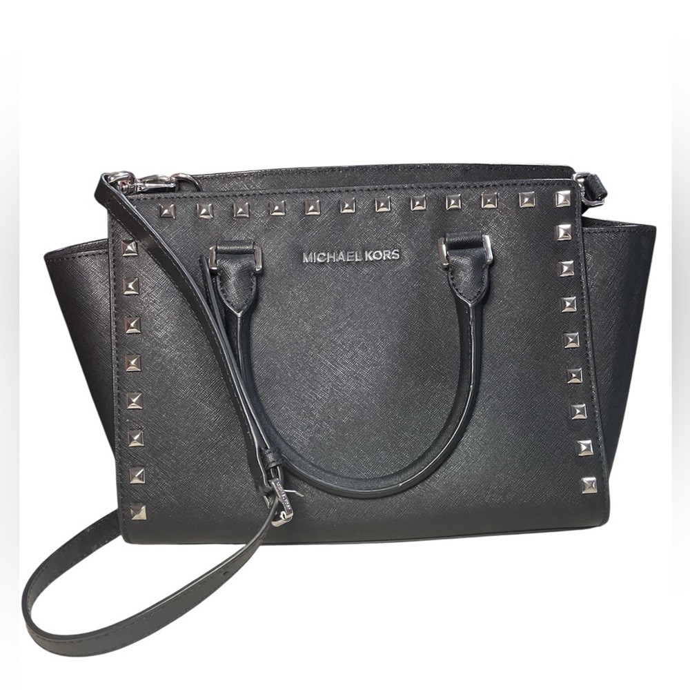 MICHAEL KORS Black Studded Saffiano Satchel with Detachable Strap